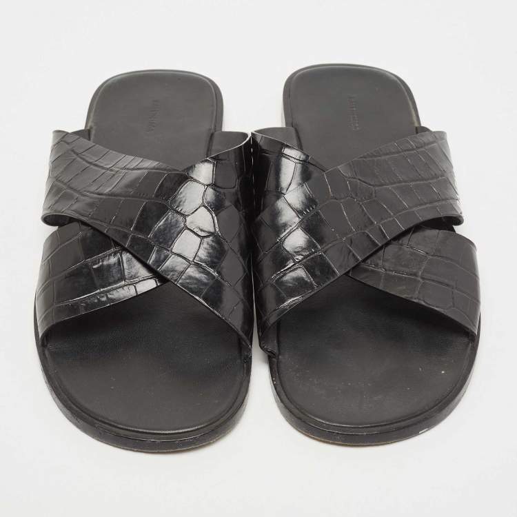 Pre Owned Balenciaga Black Croc Embossed Leather Cosy Slides Size 46
