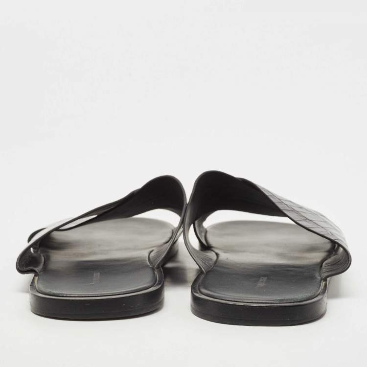 Pre Owned Balenciaga Black Croc Embossed Leather Cosy Slides Size 46