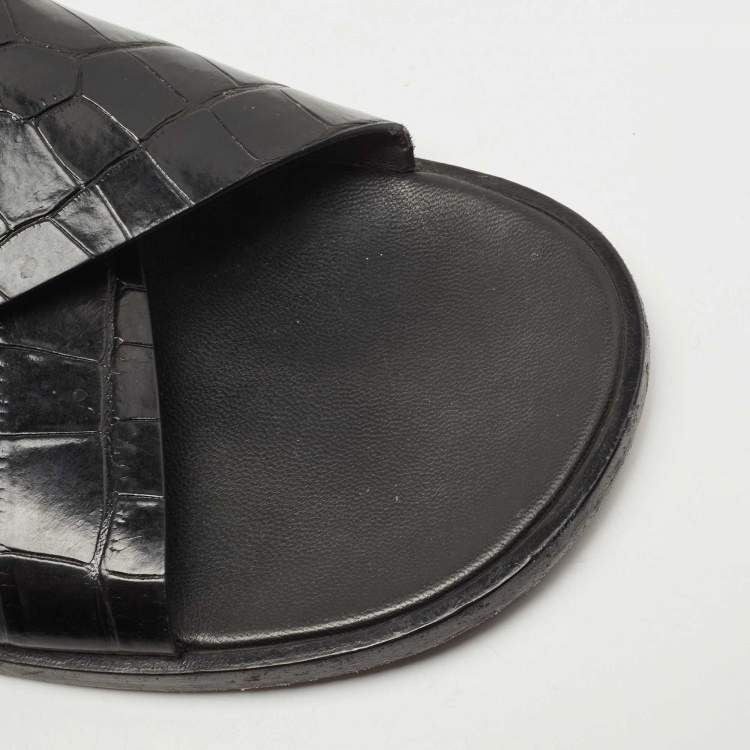 Pre Owned Balenciaga Black Croc Embossed Leather Cosy Slides Size 46