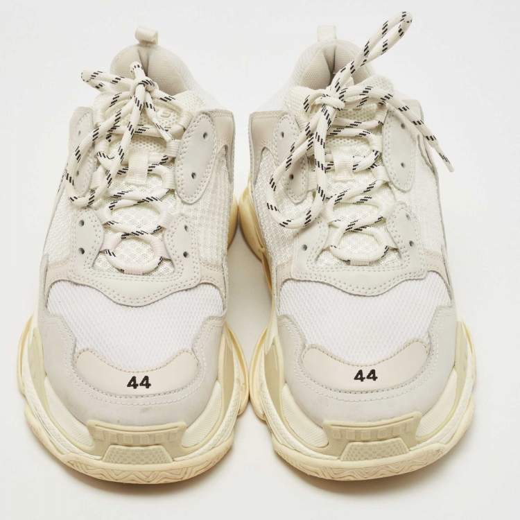 Pre Owned Balenciaga White/Grey Leather and Mesh Triple S Sneakers Size 44