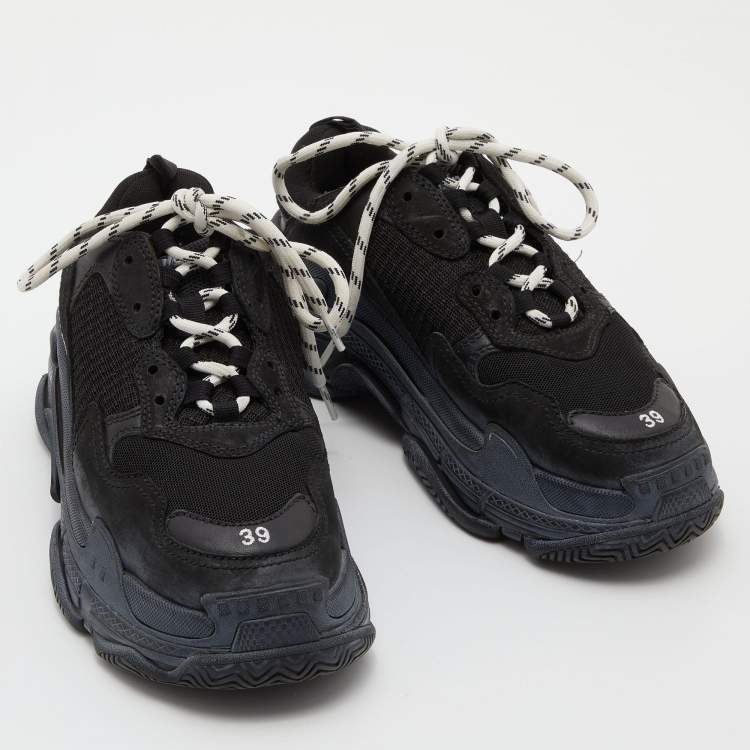 Pre Owned Balenciaga Black Mesh and Leather Triple S Sneakers Size 39
