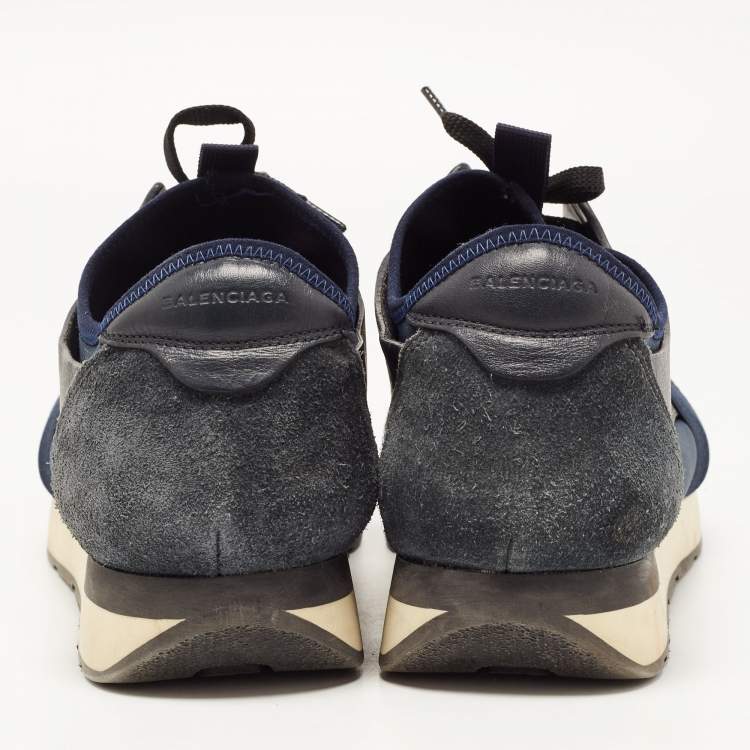 Pre Owned Balenciaga Blue Leather and Mesh Race Runner Low Top Sneakers Size 43
