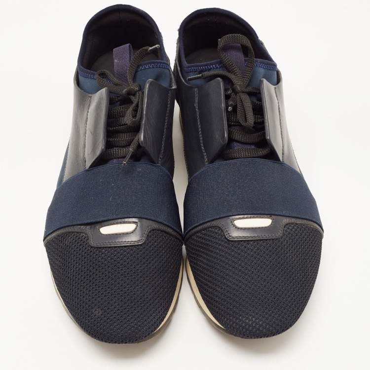 Pre Owned Balenciaga Blue Leather and Mesh Race Runner Low Top Sneakers Size 43
