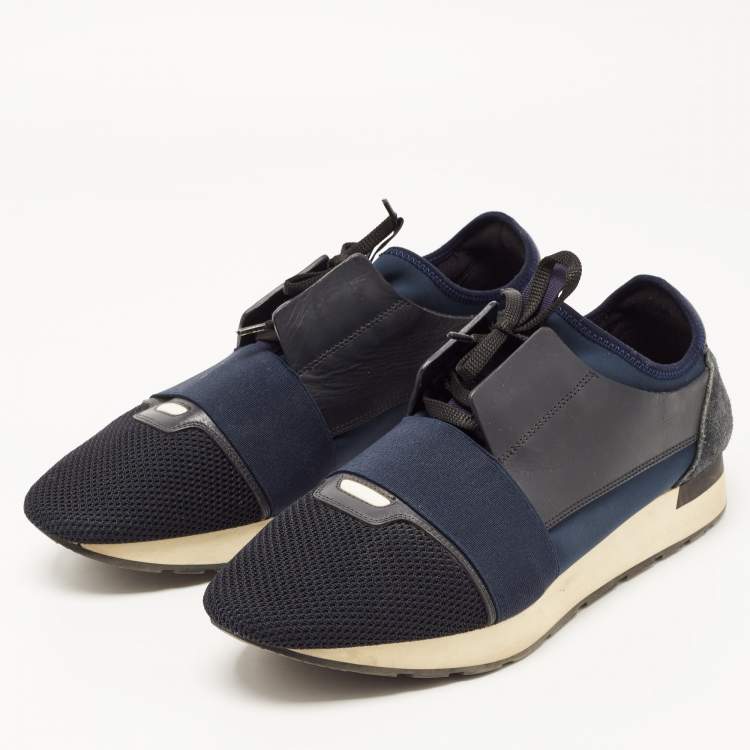 Pre Owned Balenciaga Blue Leather and Mesh Race Runner Low Top Sneakers Size 43