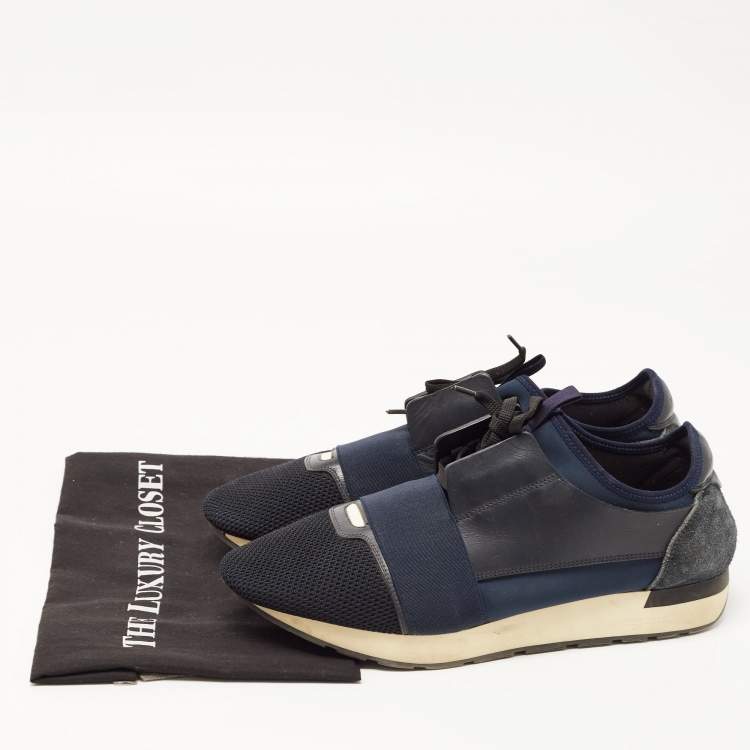 Pre Owned Balenciaga Blue Leather and Mesh Race Runner Low Top Sneakers Size 43