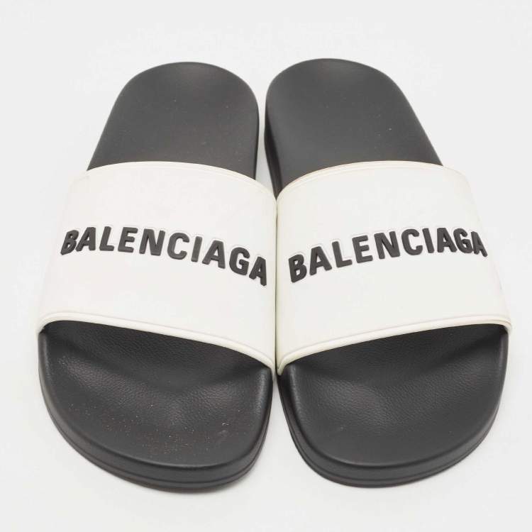 Pre Owned Balenciaga White Rubber Logo Slides Size 44