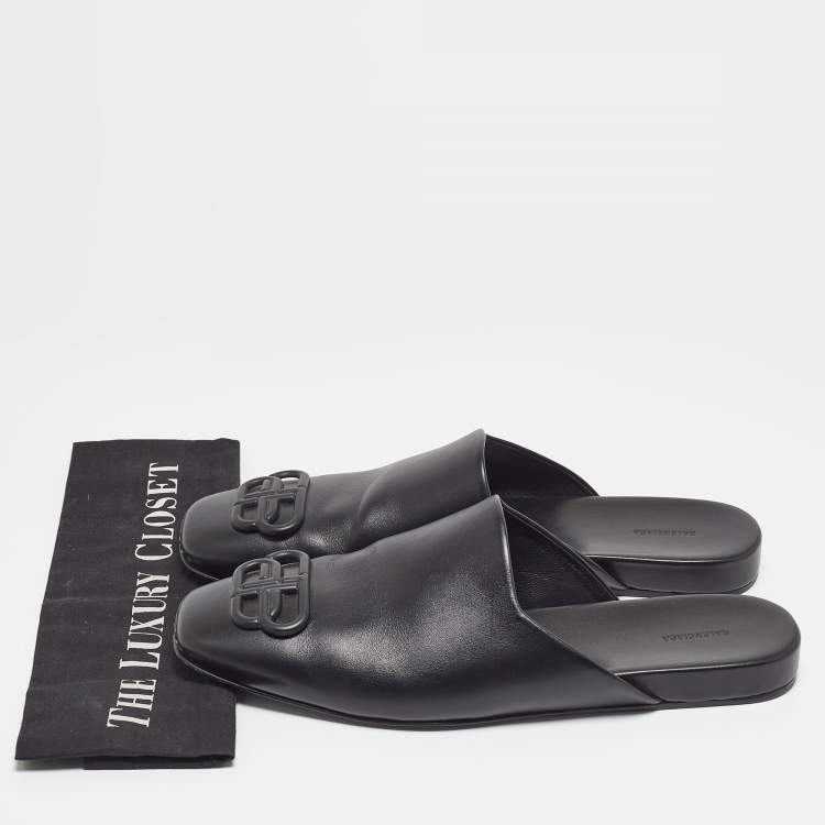 Pre Owned Balenciaga Black Leather Cosy BB Flat Mules Size 43 