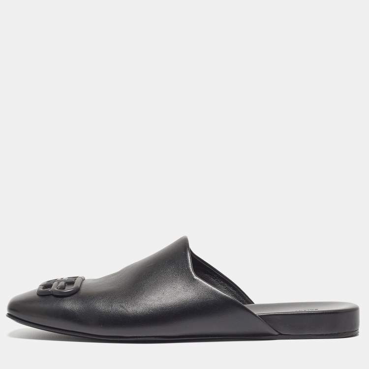 Pre Owned Balenciaga Black Leather Cosy BB Flat Mules Size 43 