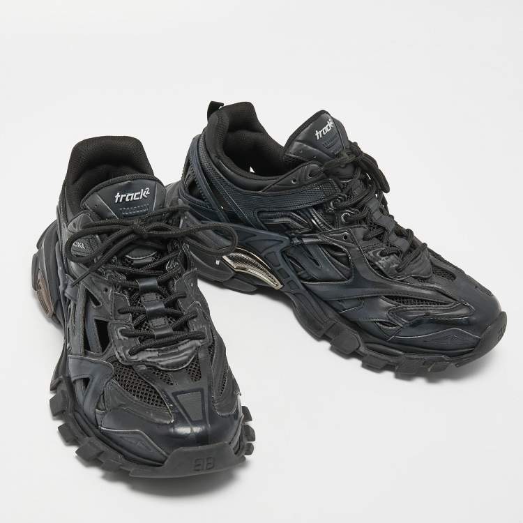 Pre Owned Balenciaga Black Leather and Mesh Track 2 Sneakers Size 44