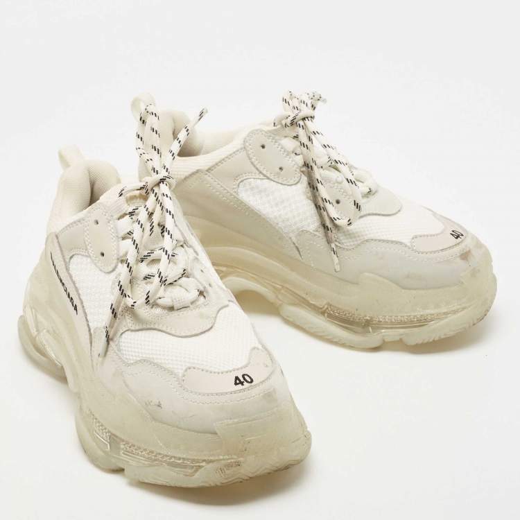 Pre Owned Balenciaga White/Grey Leather, Mesh Triple S Clear Sneakers Size 40
