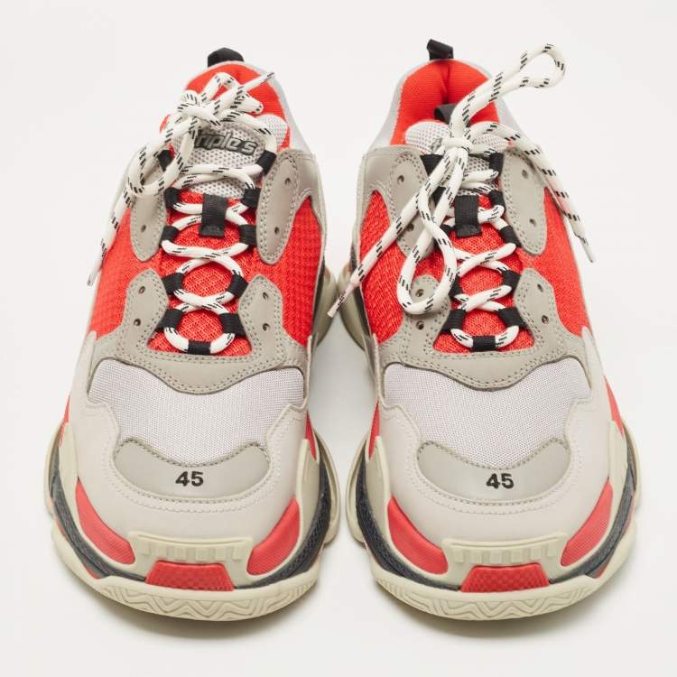 Pre Owned Balenciaga Red/Grey Mesh and Nubuck Triple S Low Top Sneakers Size 45