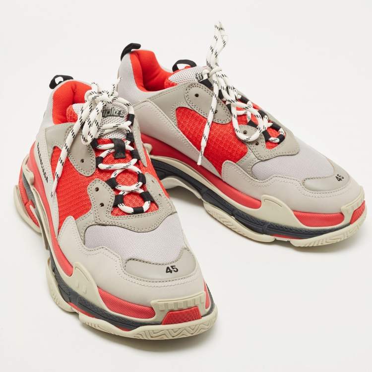 Pre Owned Balenciaga Red/Grey Mesh and Nubuck Triple S Low Top Sneakers Size 45