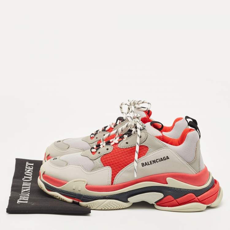 Pre Owned Balenciaga Red/Grey Mesh and Nubuck Triple S Low Top Sneakers Size 45