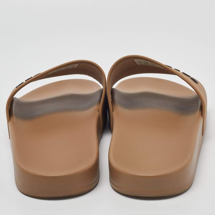Pre Owned Balenciaga Beige Rubber Logo Pool Slides Size 44