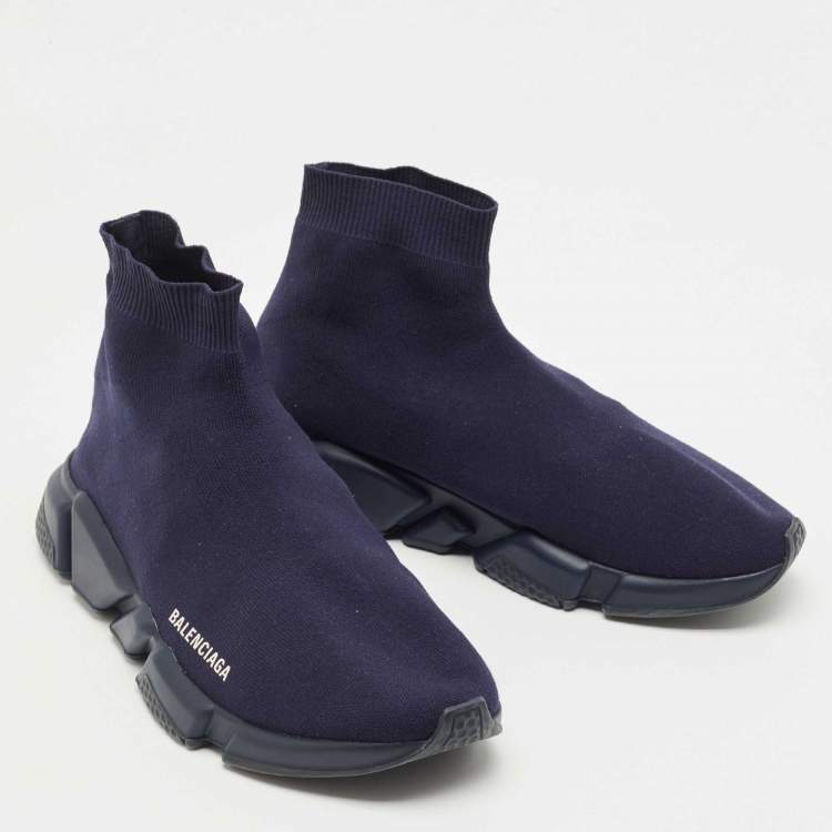 Pre Owned Balanciaga Navy Blue Knit Fabric High Top Sneakers Size 43