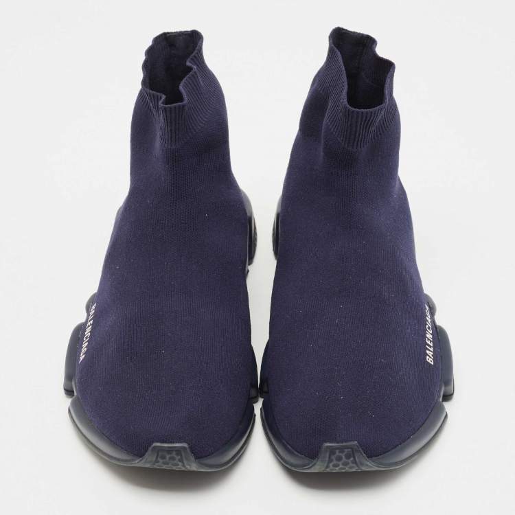Pre Owned Balanciaga Navy Blue Knit Fabric High Top Sneakers Size 43