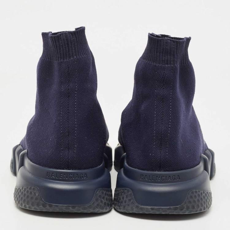Pre Owned Balanciaga Navy Blue Knit Fabric High Top Sneakers Size 43