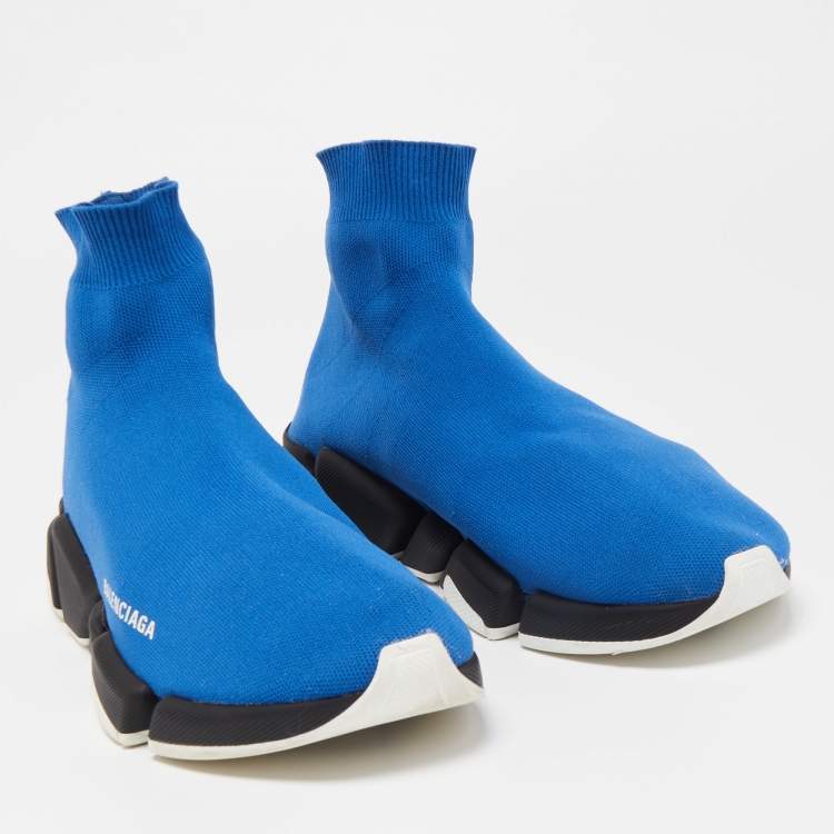 Pre Owned Balenciaga Blue Knit Fabric Speed Trainer High Top Sneakers Size 43
