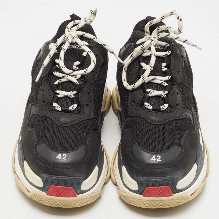 Pre Owned Balenciaga Black Mesh and Leather Triple S Lace Up Sneakers Size 42