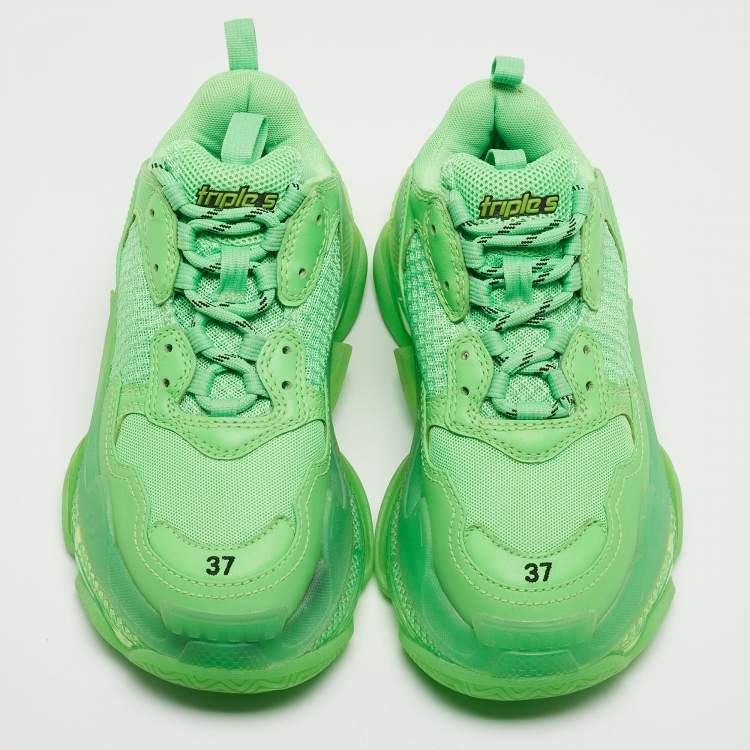Pre Owned Balenciaga Green Mesh and Leather Triple S Low Top Sneakers Size 37