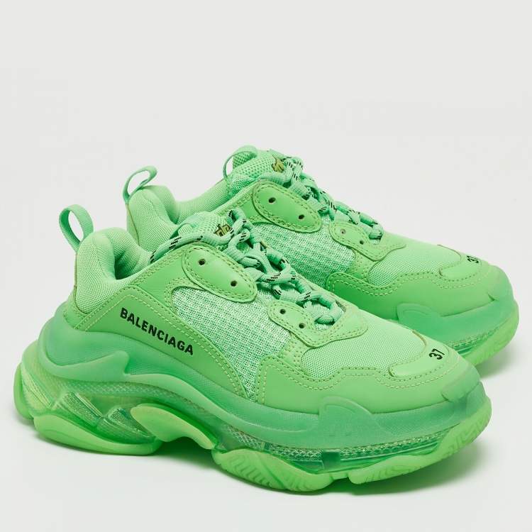 Pre Owned Balenciaga Green Mesh and Leather Triple S Low Top Sneakers Size 37