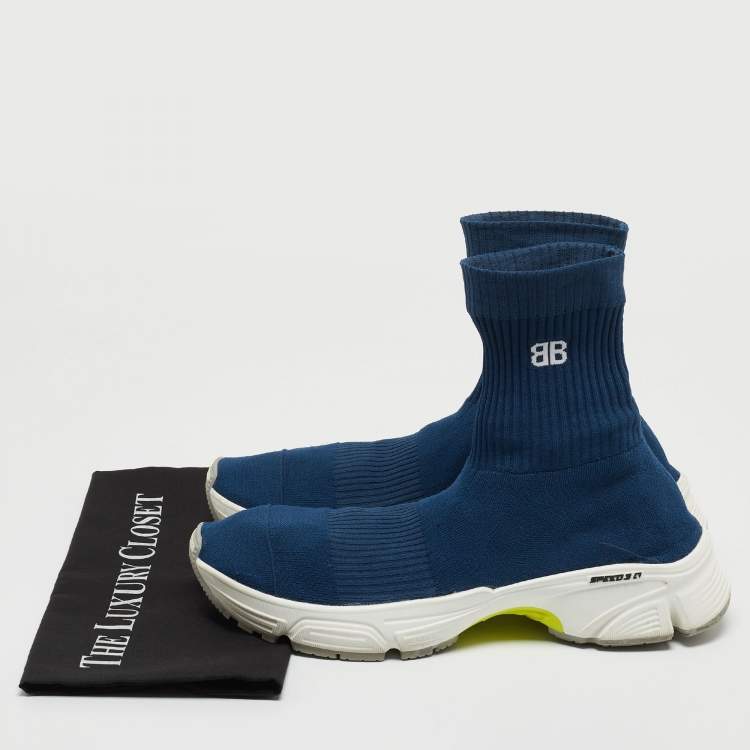 Pre Owned Balenciaga Blue Knit Fabric Speed Trainer Sneakers Size 43