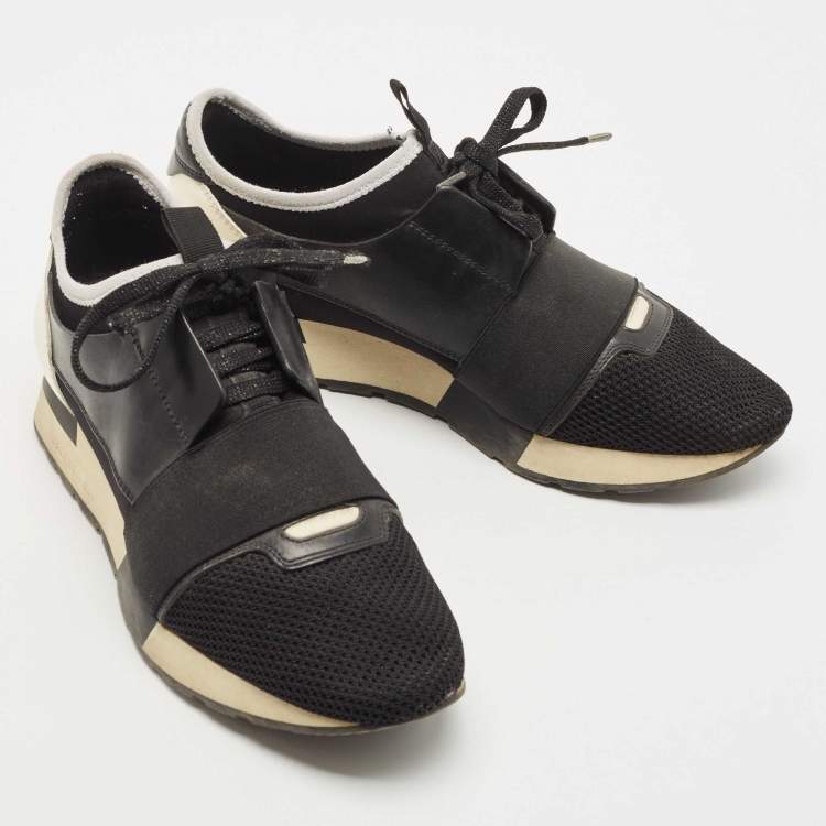 Pre Owned Balenciaga Black/White Leather,Mesh and Patent Race Runner Sneakers Size 39