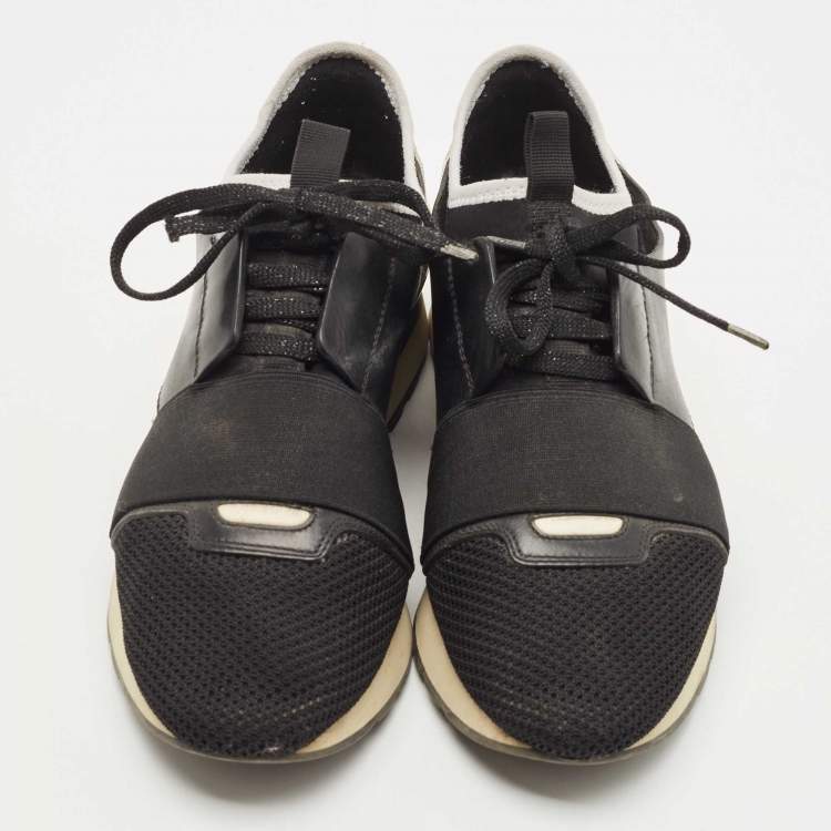 Pre Owned Balenciaga Black/White Leather,Mesh and Patent Race Runner Sneakers Size 39