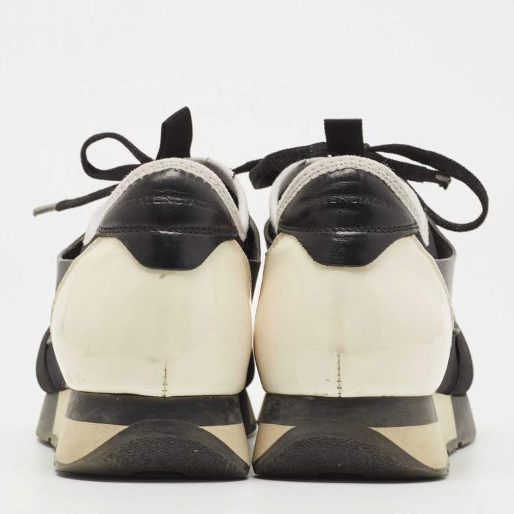 Pre Owned Balenciaga Black/White Leather,Mesh and Patent Race Runner Sneakers Size 39