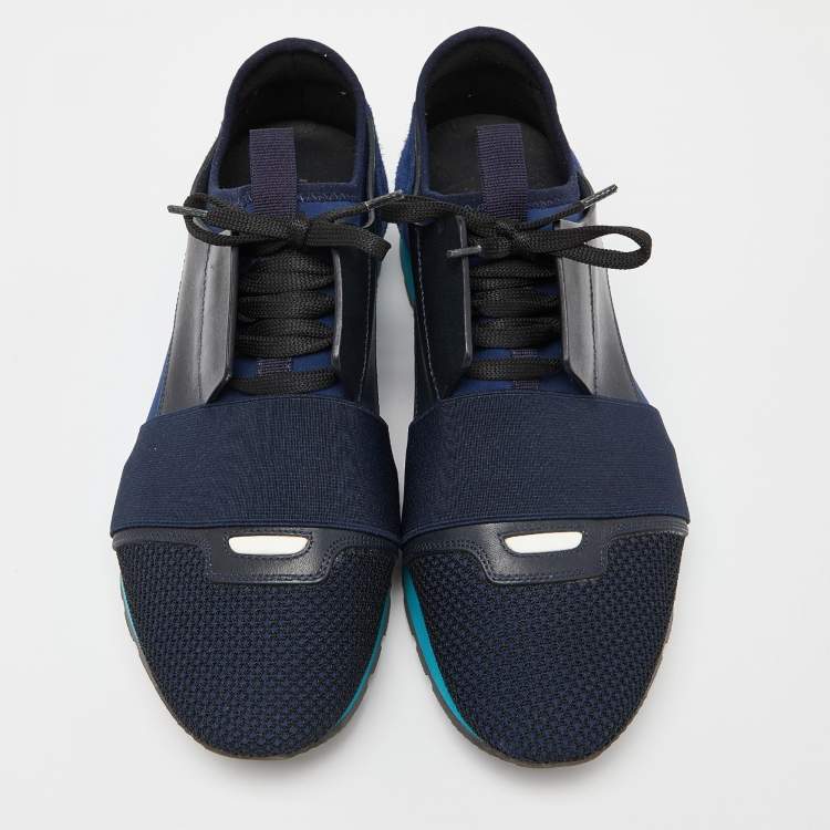Pre Owned Balenciaga Blue/Black Leather,Suede and Mesh Race Runner Low Top Sneakers Size 41
