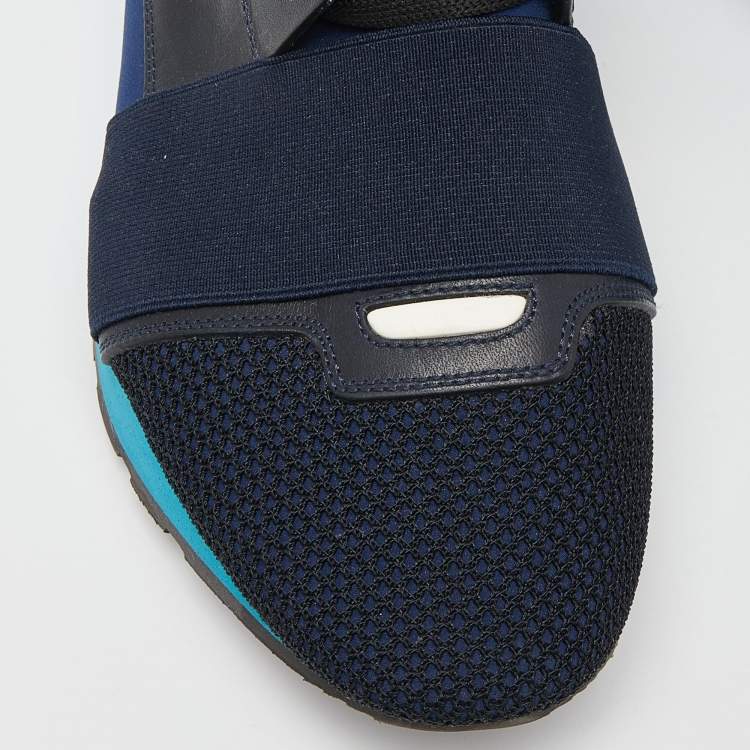 Pre Owned Balenciaga Blue/Black Leather,Suede and Mesh Race Runner Low Top Sneakers Size 41