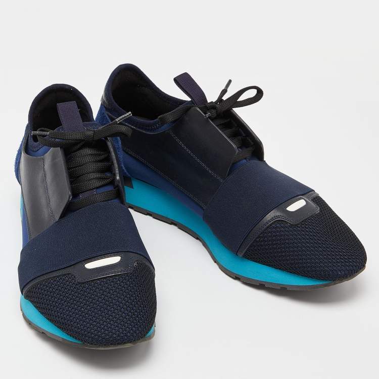Pre Owned Balenciaga Blue/Black Leather,Suede and Mesh Race Runner Low Top Sneakers Size 41