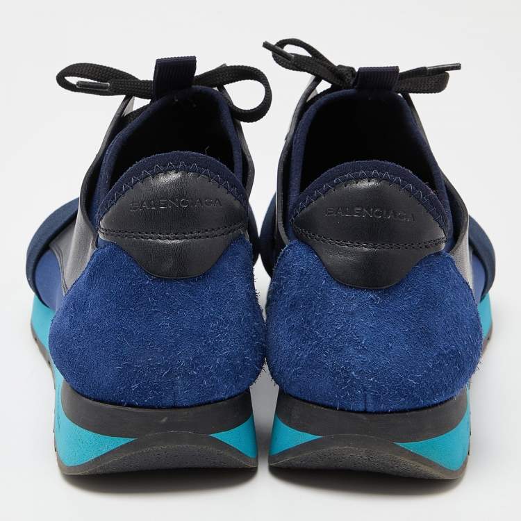 Pre Owned Balenciaga Blue/Black Leather,Suede and Mesh Race Runner Low Top Sneakers Size 41