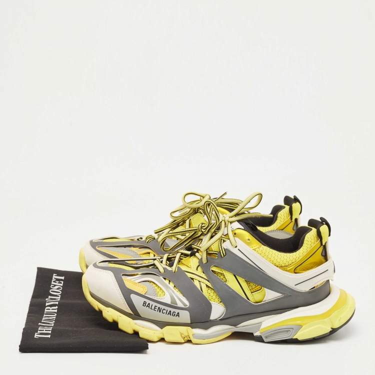Pre Owned Balenciaga Yellow/Grey Mesh and Leather Track Sneakers Size 45