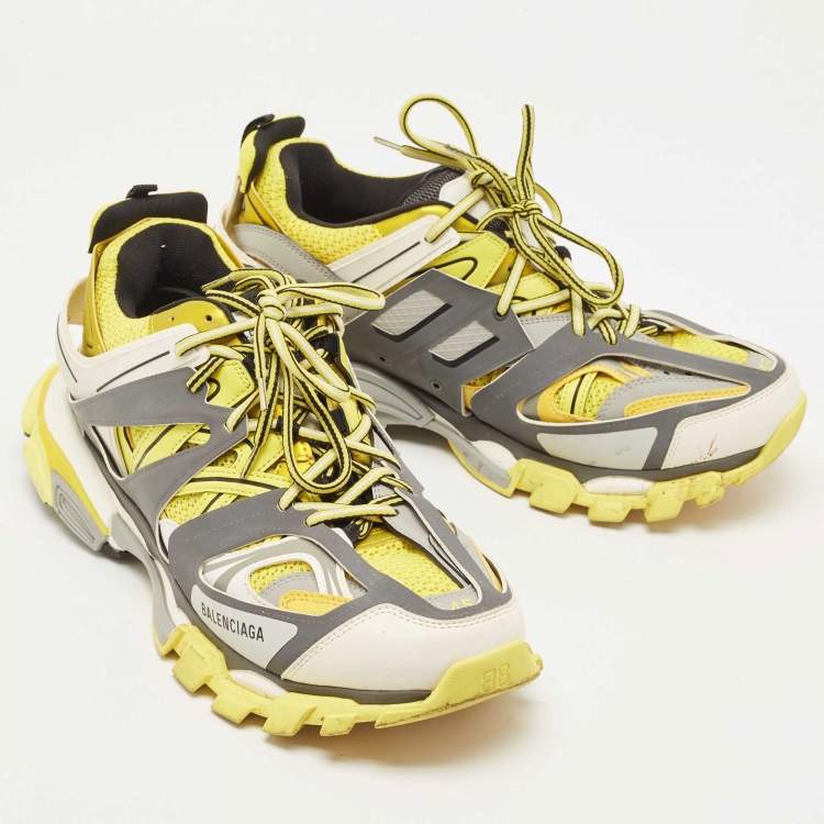 Pre Owned Balenciaga Yellow/Grey Mesh and Leather Track Sneakers Size 45