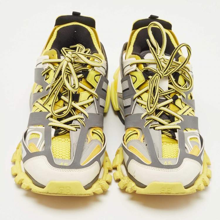 Pre Owned Balenciaga Yellow/Grey Mesh and Leather Track Sneakers Size 45