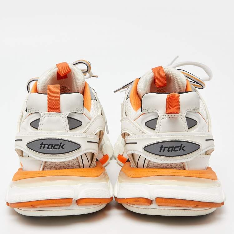 Pre Owned Balenciaga White/Orange Leather and Mesh Track Sneakers Size 40