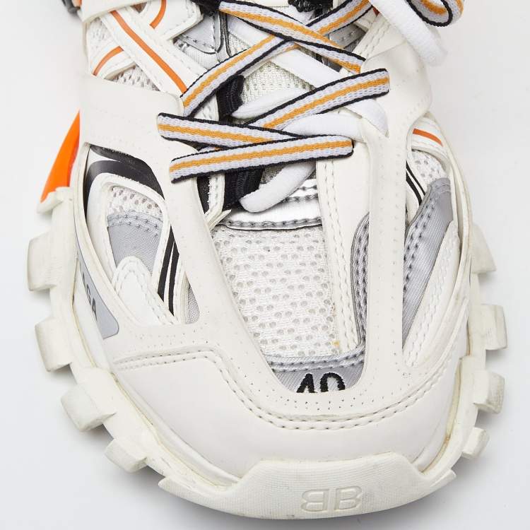 Pre Owned Balenciaga White/Orange Leather and Mesh Track Sneakers Size 40
