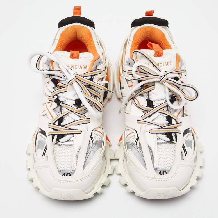 Pre Owned Balenciaga White/Orange Leather and Mesh Track Sneakers Size 40