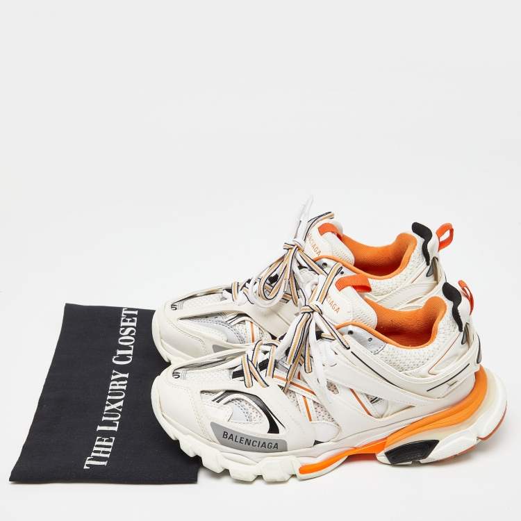 Pre Owned Balenciaga White/Orange Leather and Mesh Track Sneakers Size 40