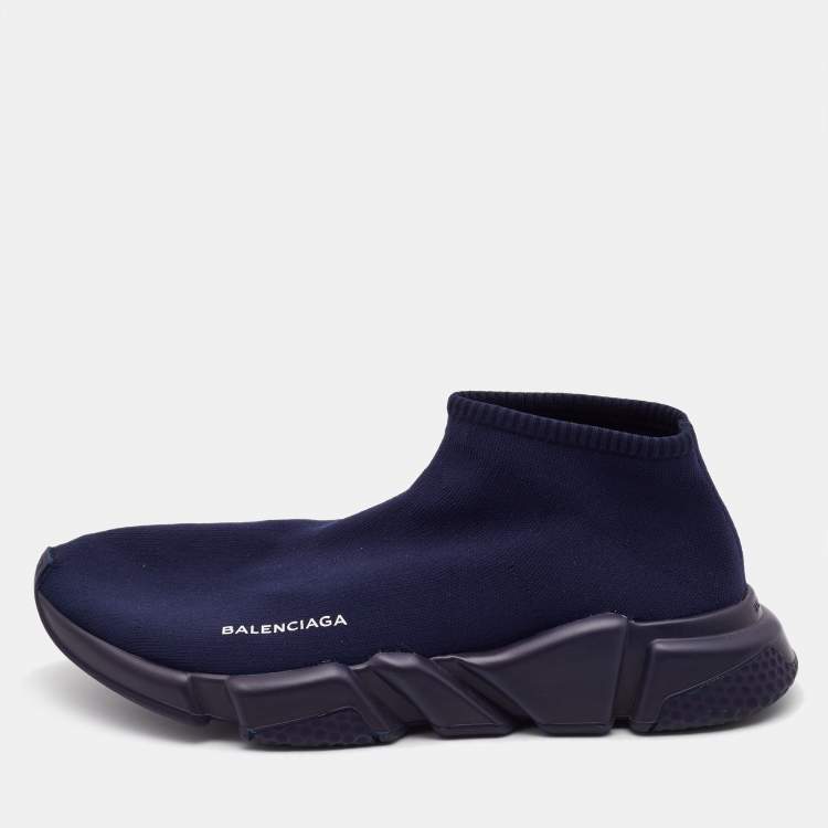 Pre Owned Balenciaga Navy Blue Knit Fabric Speed Trainer Sneakers Size 44