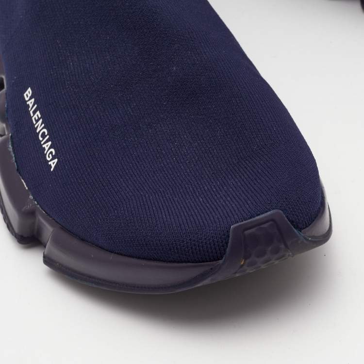 Pre Owned Balenciaga Navy Blue Knit Fabric Speed Trainer Sneakers Size 44