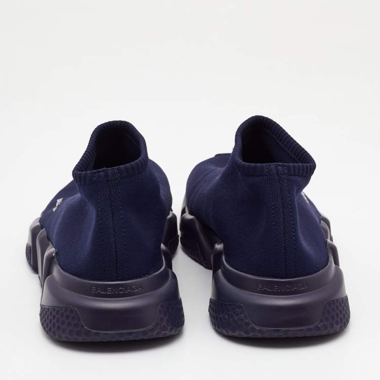 Pre Owned Balenciaga Navy Blue Knit Fabric Speed Trainer Sneakers Size 44