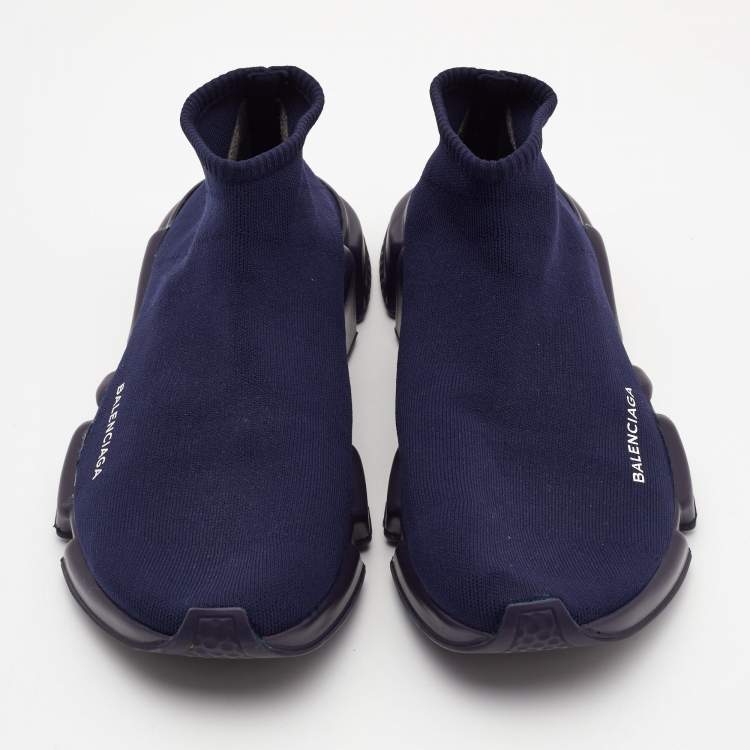 Pre Owned Balenciaga Navy Blue Knit Fabric Speed Trainer Sneakers Size 44