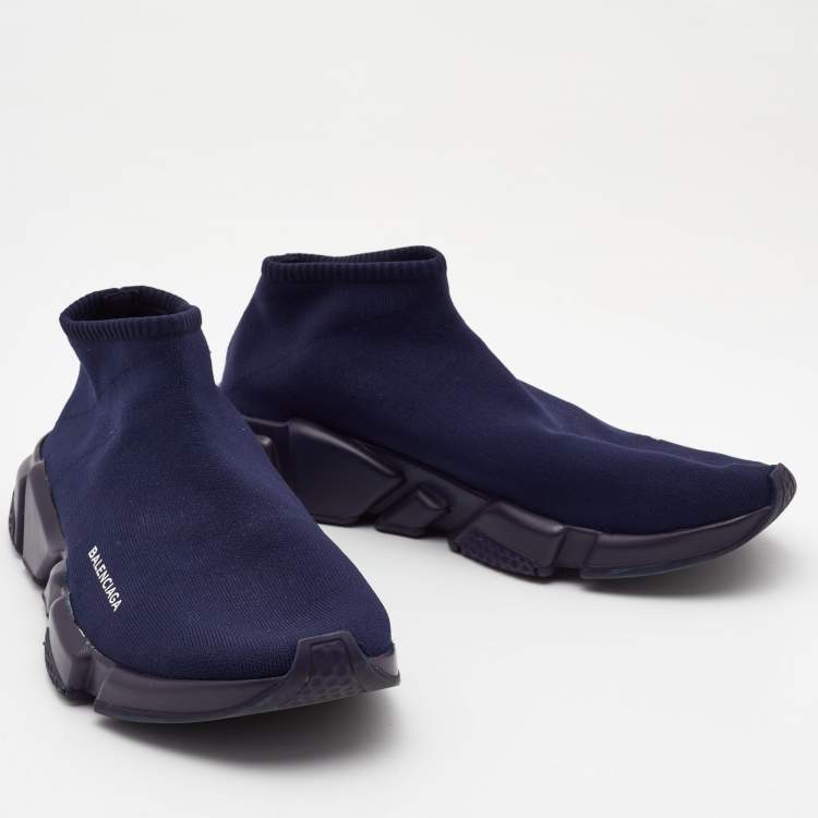 Pre Owned Balenciaga Navy Blue Knit Fabric Speed Trainer Sneakers Size 44