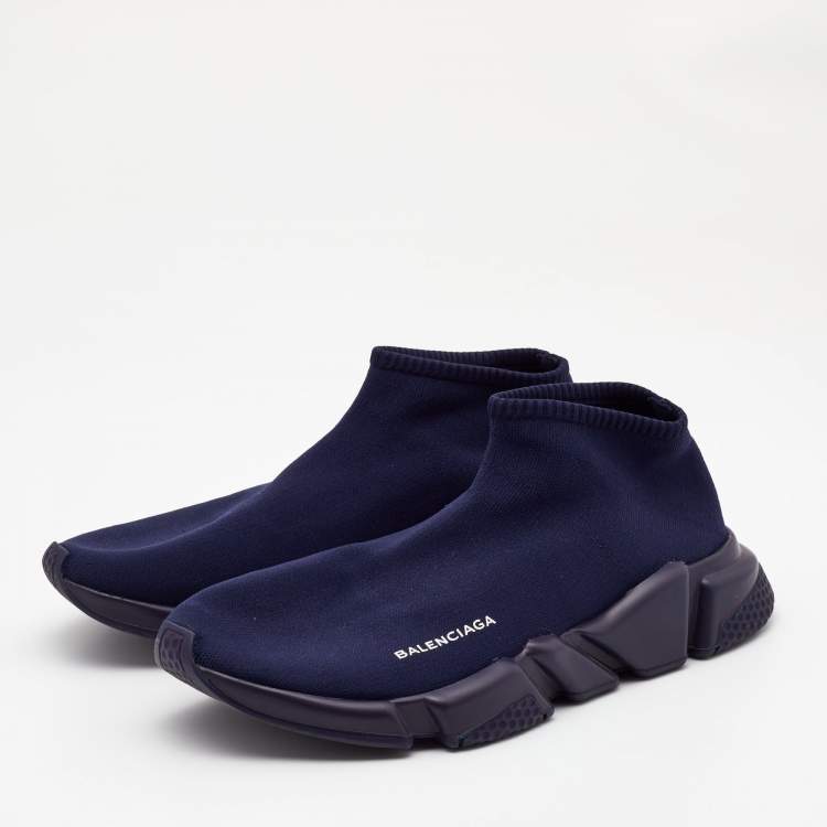 Pre Owned Balenciaga Navy Blue Knit Fabric Speed Trainer Sneakers Size 44