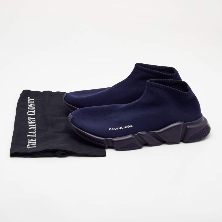 Pre Owned Balenciaga Navy Blue Knit Fabric Speed Trainer Sneakers Size 44