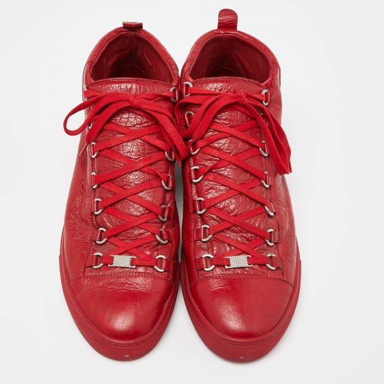 Pre Owned Balenciaga Red Textured Leather Arena High Top Sneakers Size 45
