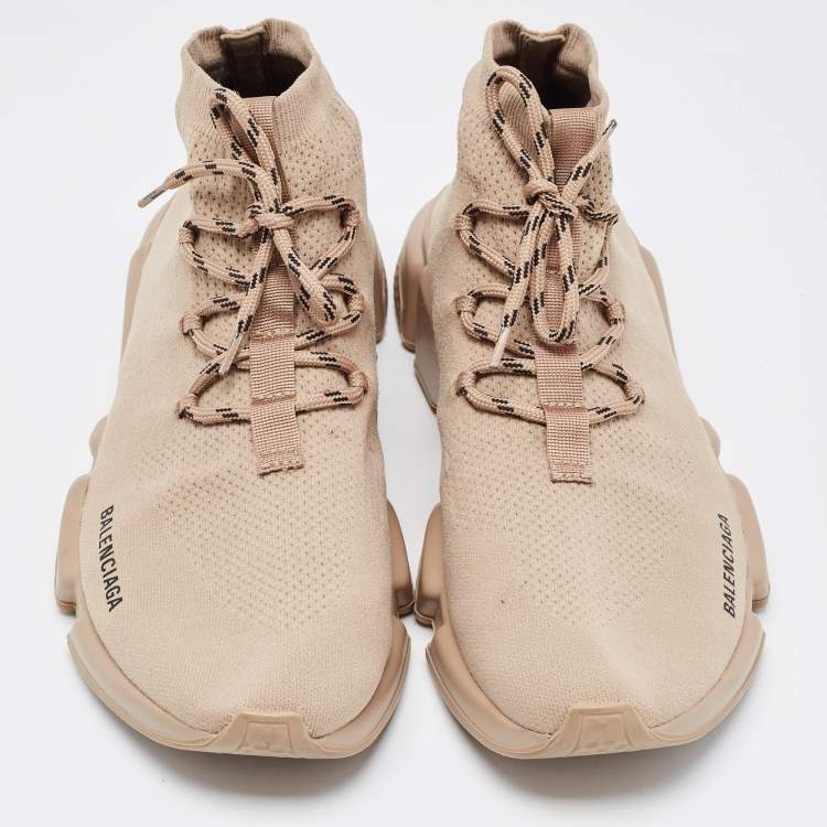 Pre Owned Balenciaga Beige Knit Fabric Speed Trainer Sneakers Size 46