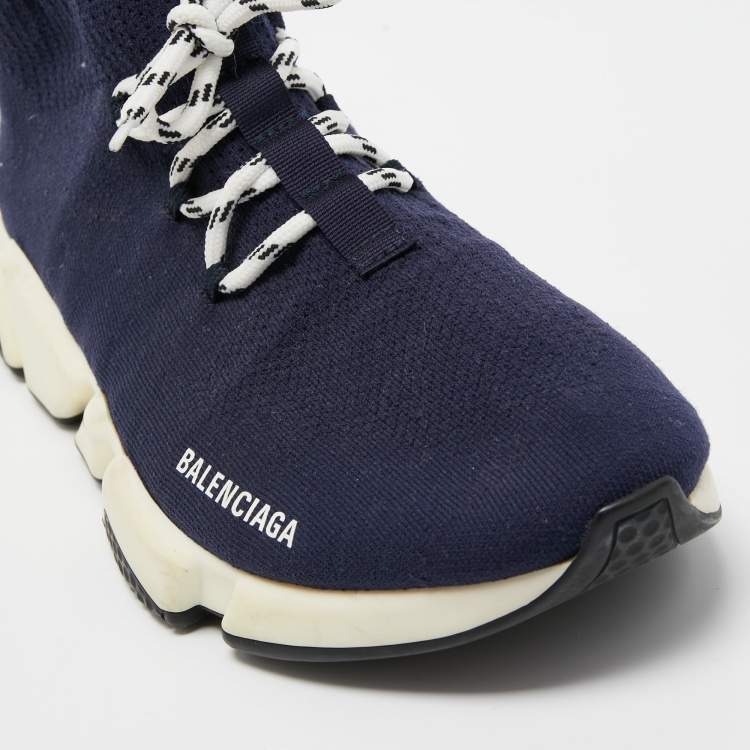 Pre Owned Balenciaga Navy Blue Knit Fabric Speed Trainer Sneakers Size 45